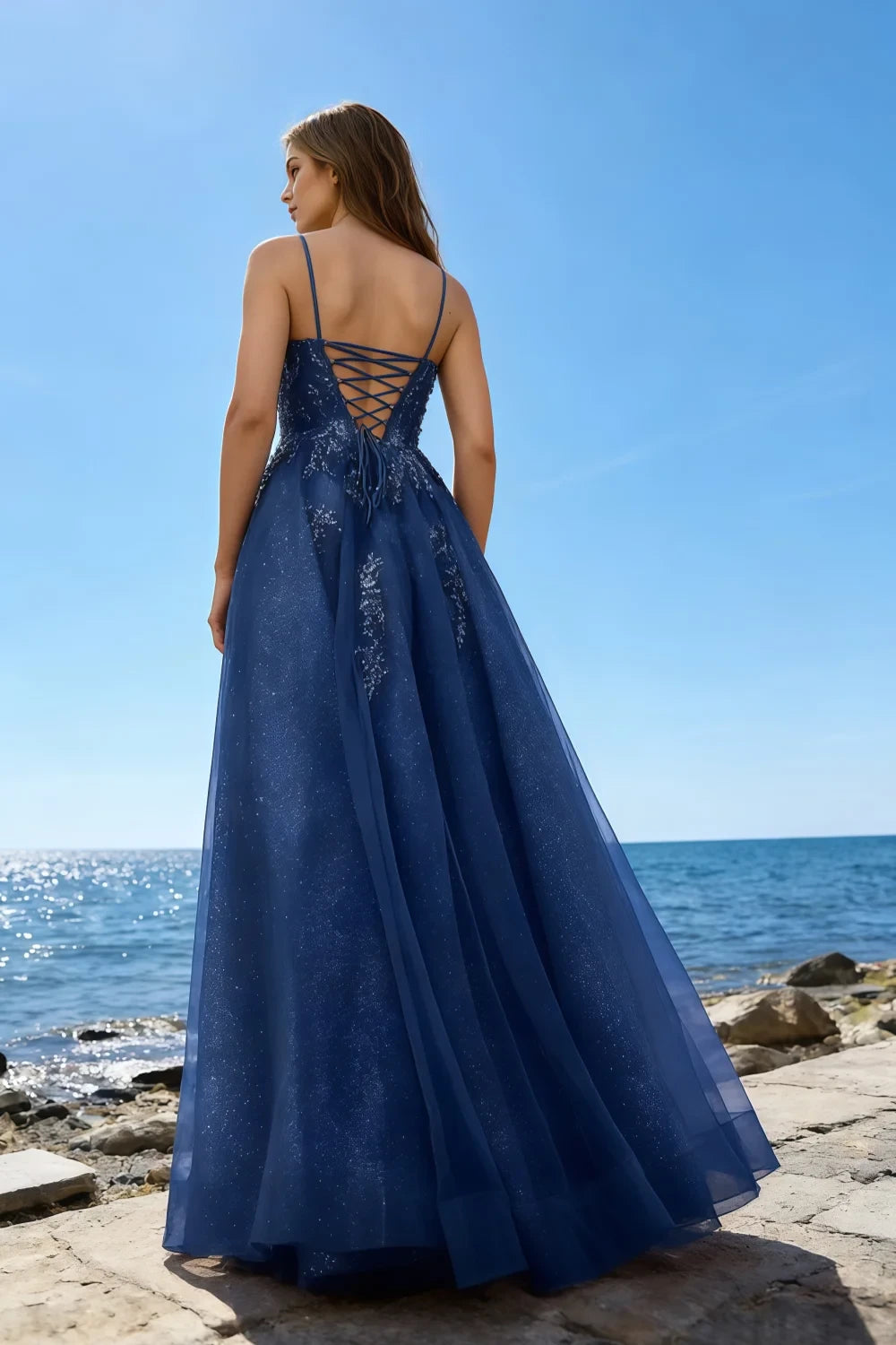 Joanna Glitter Navy Blue Tulle Beaded Maxi Dress