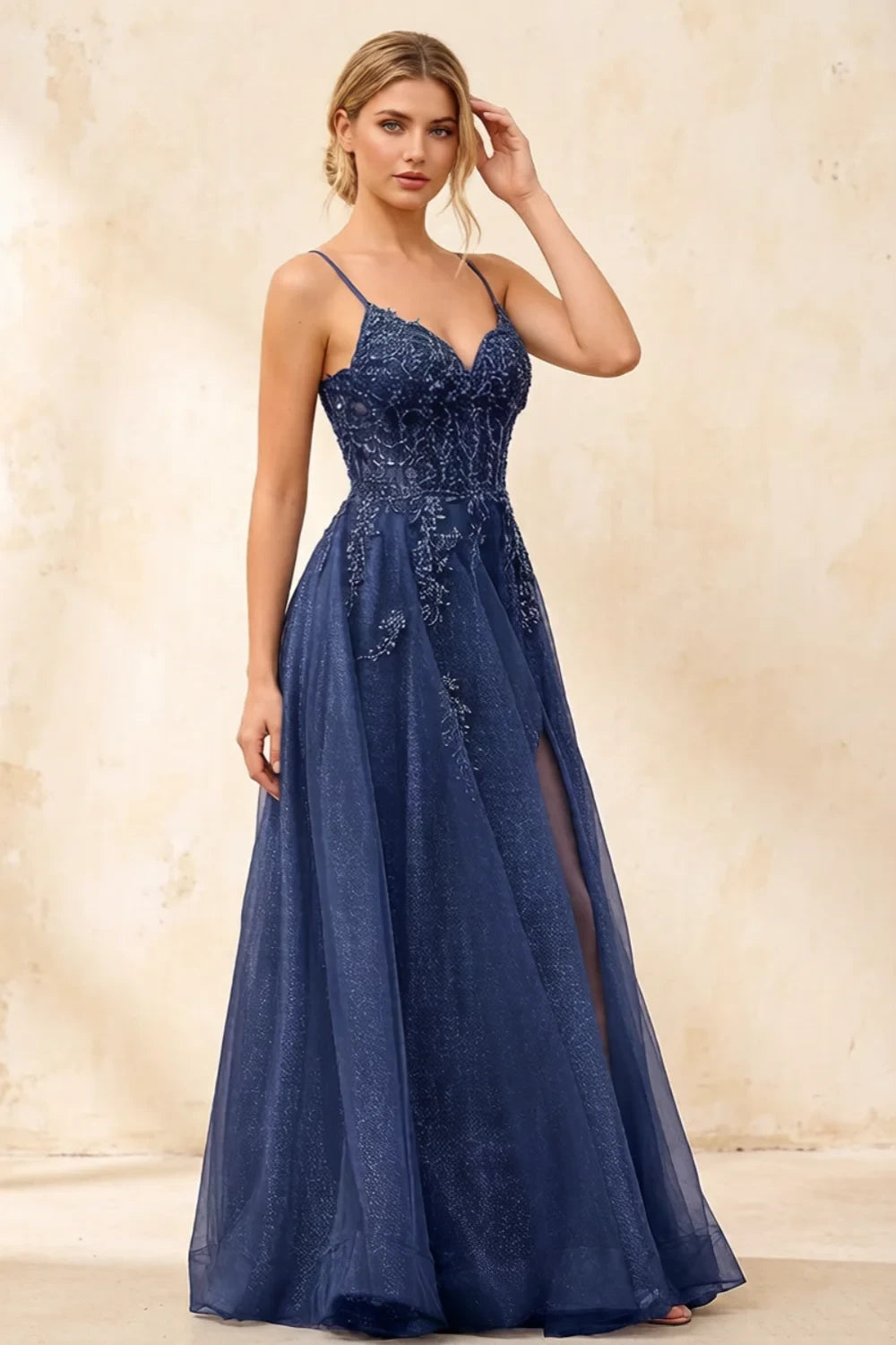 Joanna Glitter Navy Blue Tulle Beaded Maxi Dress
