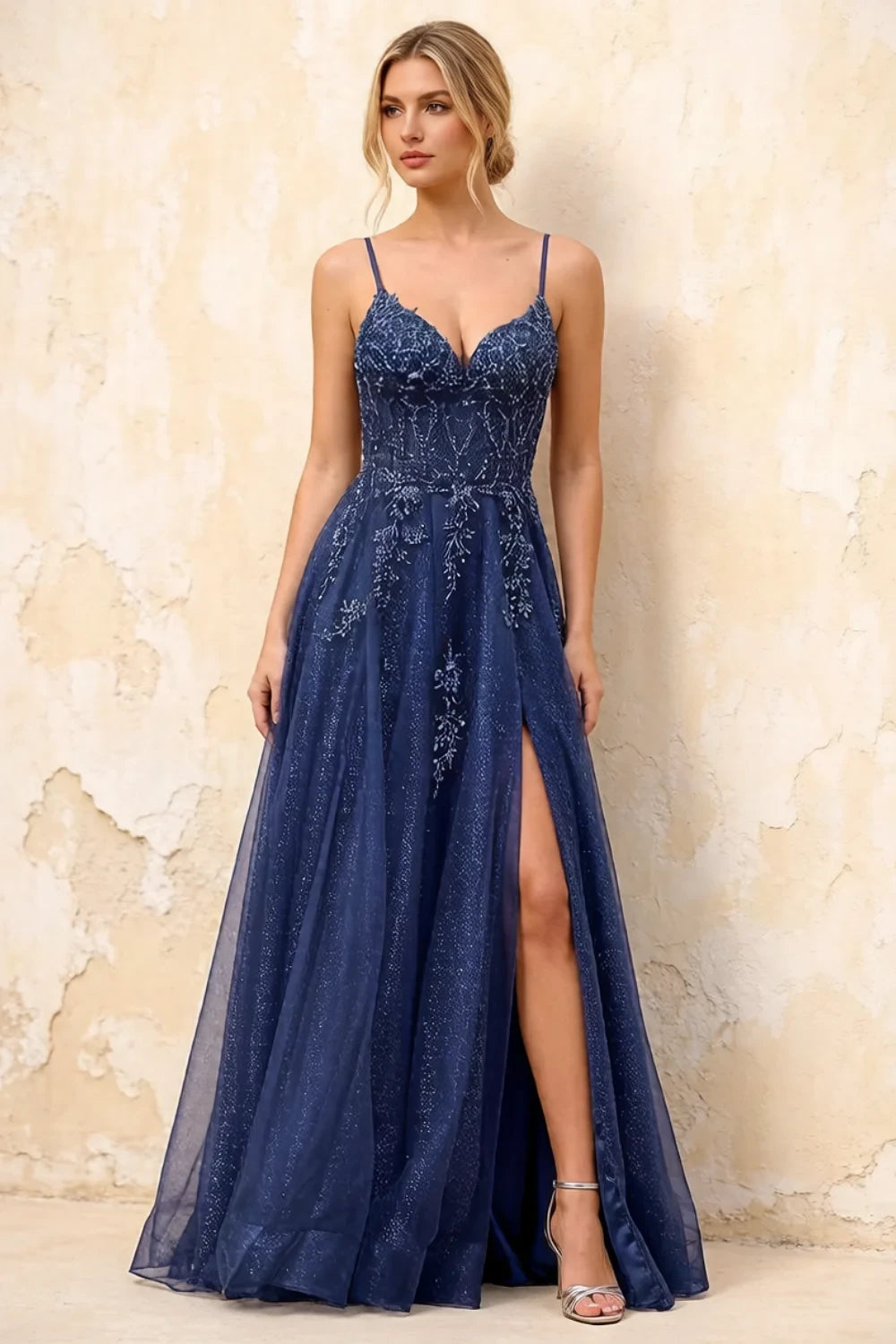 Joanna Glitter Navy Blue Tulle Beaded Maxi Dress