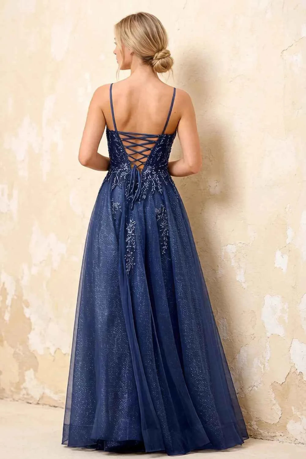 Joanna Glitter Navy Blue Tulle Beaded Maxi Dress