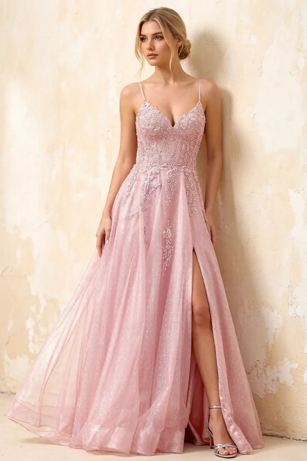 Joanna Glitter Pink Tulle Beaded Maxi Dress Imagen principal del producto