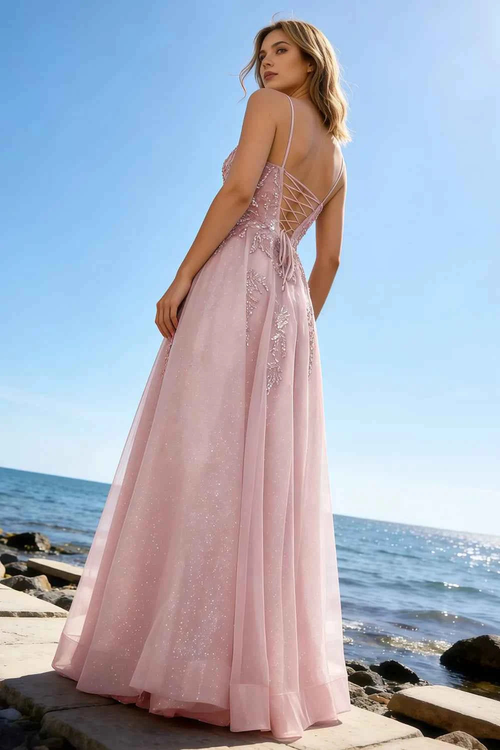 Joanna Glitter Pink Tulle Beaded Maxi Dress
