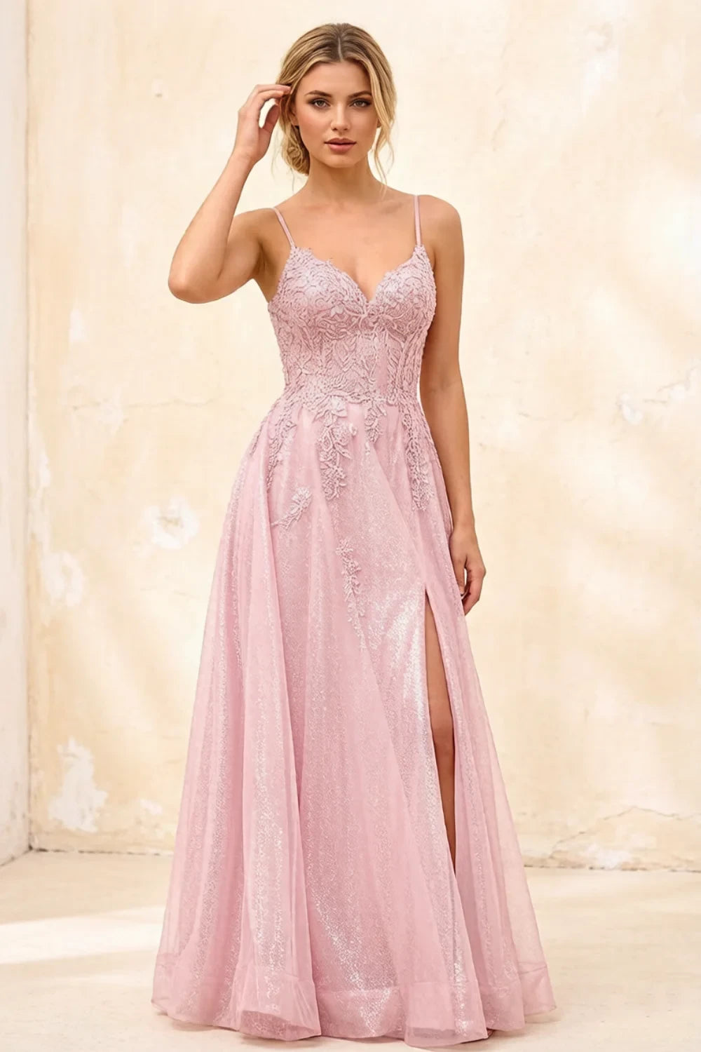 Joanna Glitter Pink Tulle Beaded Maxi Dress