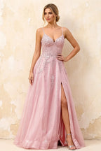 Joanna Glitter Pink Tulle Beaded Maxi Dress