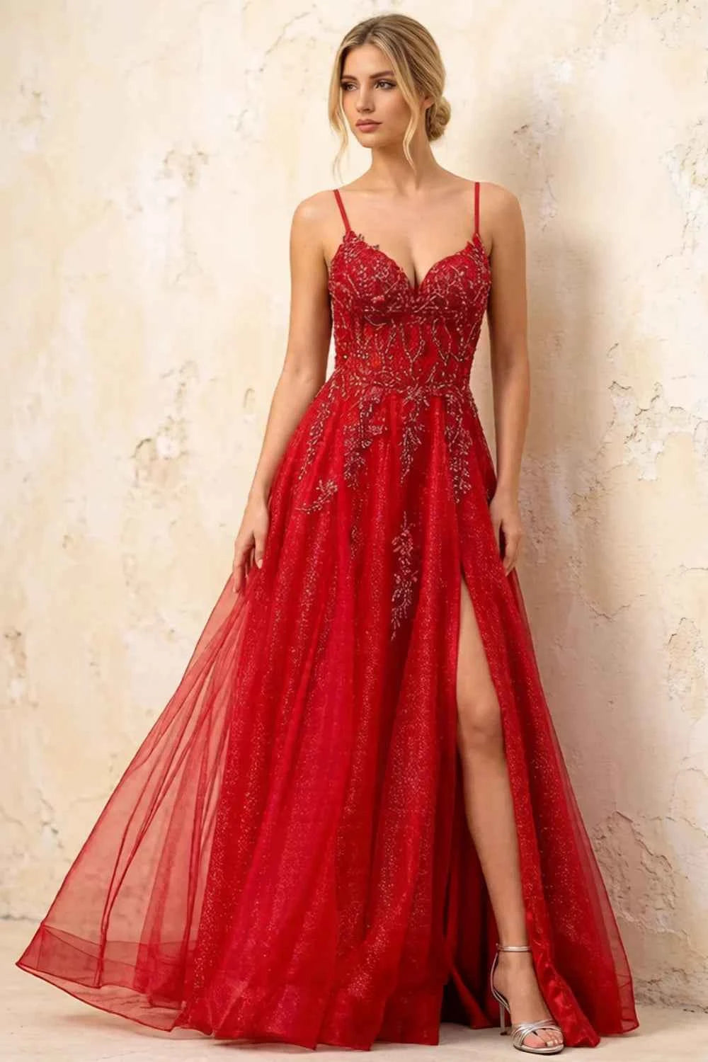 Joanna Glitter Red Tulle Beaded Maxi Dress