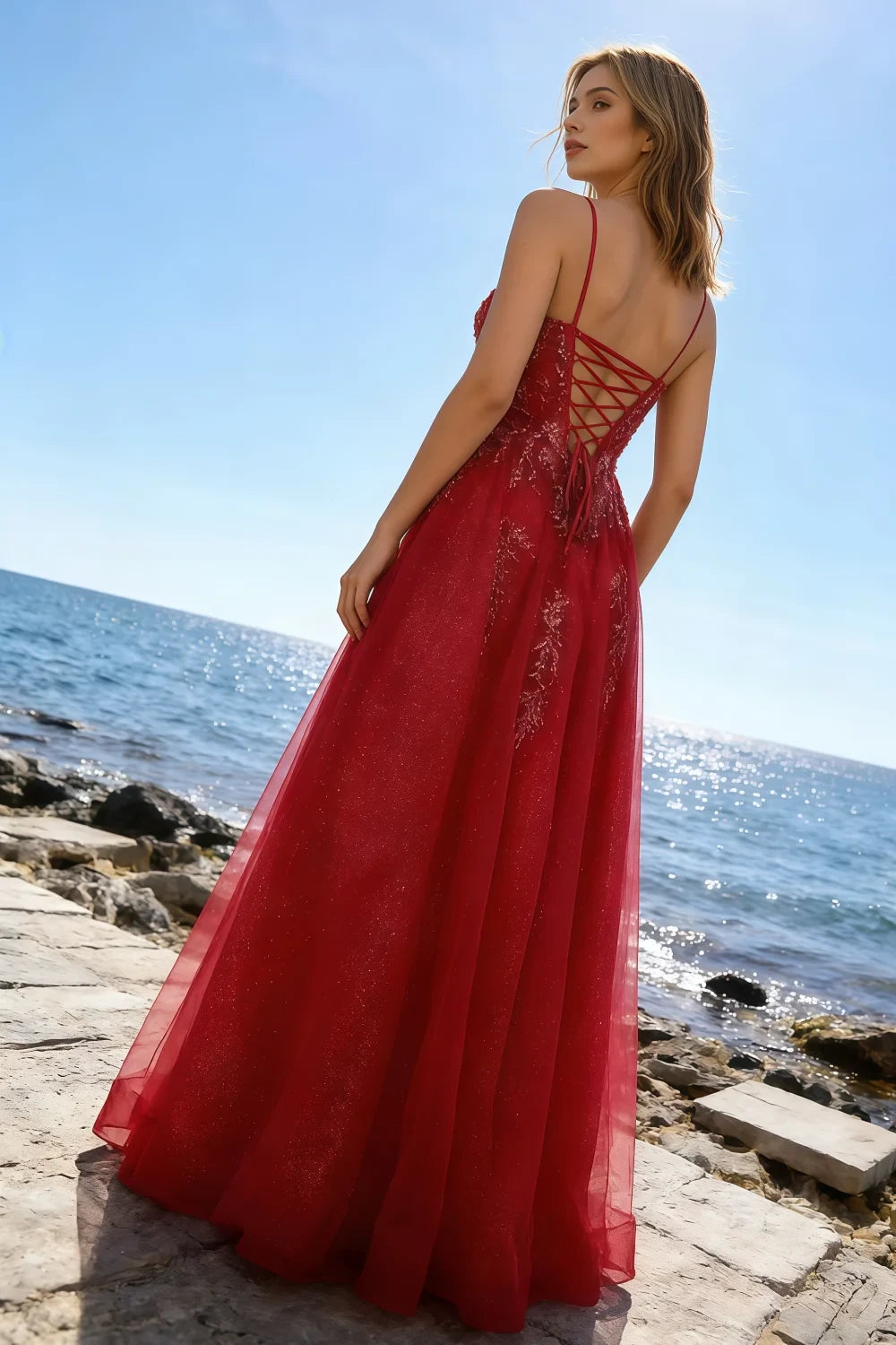 Joanna Glitter Red Tulle Beaded Maxi Dress