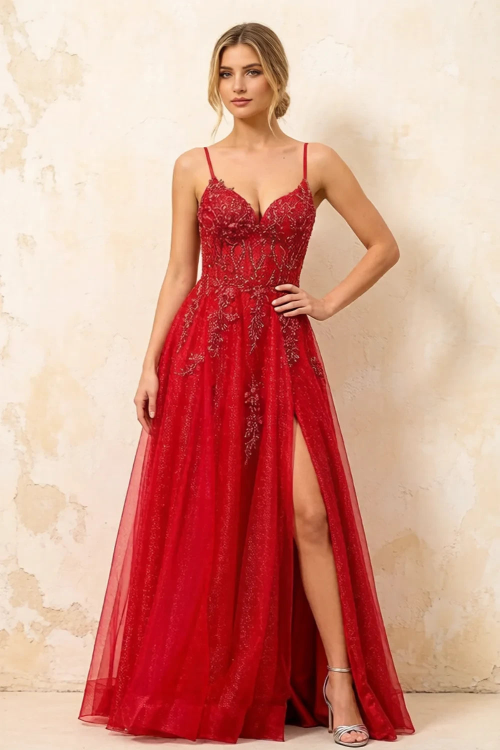 Joanna Glitter Red Tulle Beaded Maxi Dress