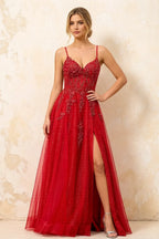 Joanna Glitter Red Tulle Beaded Maxi Dress