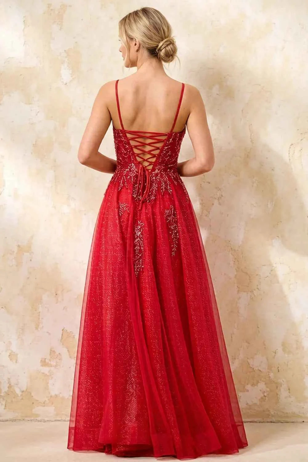 Joanna Glitter Red Tulle Beaded Maxi Dress