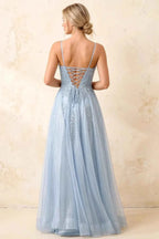 Joanna Glitter Sky Blue Tulle Beaded Maxi Dress