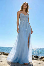 Joanna Glitter Sky Blue Tulle Beaded Maxi Dress