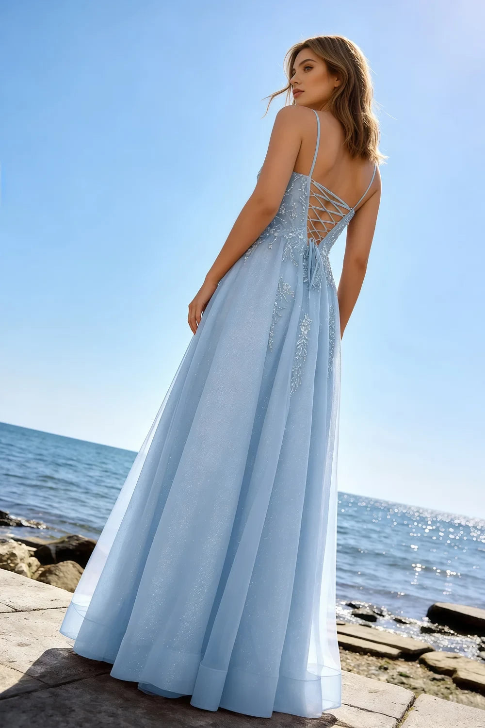 Joanna Glitter Sky Blue Tulle Beaded Maxi Dress