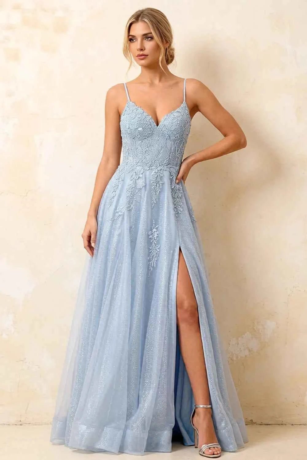 Joanna Glitter Sky Blue Tulle Beaded Maxi Dress