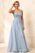 Joanna Glitter Sky Blue Tulle Beaded Maxi Dress