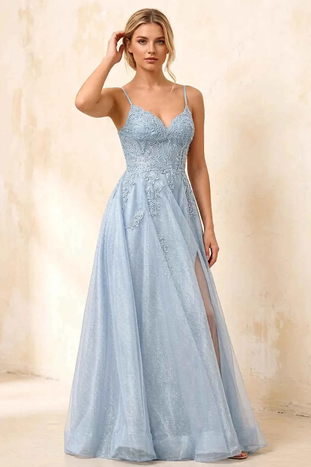 Joanna Glitter Sky Blue Tulle Beaded Maxi Dress