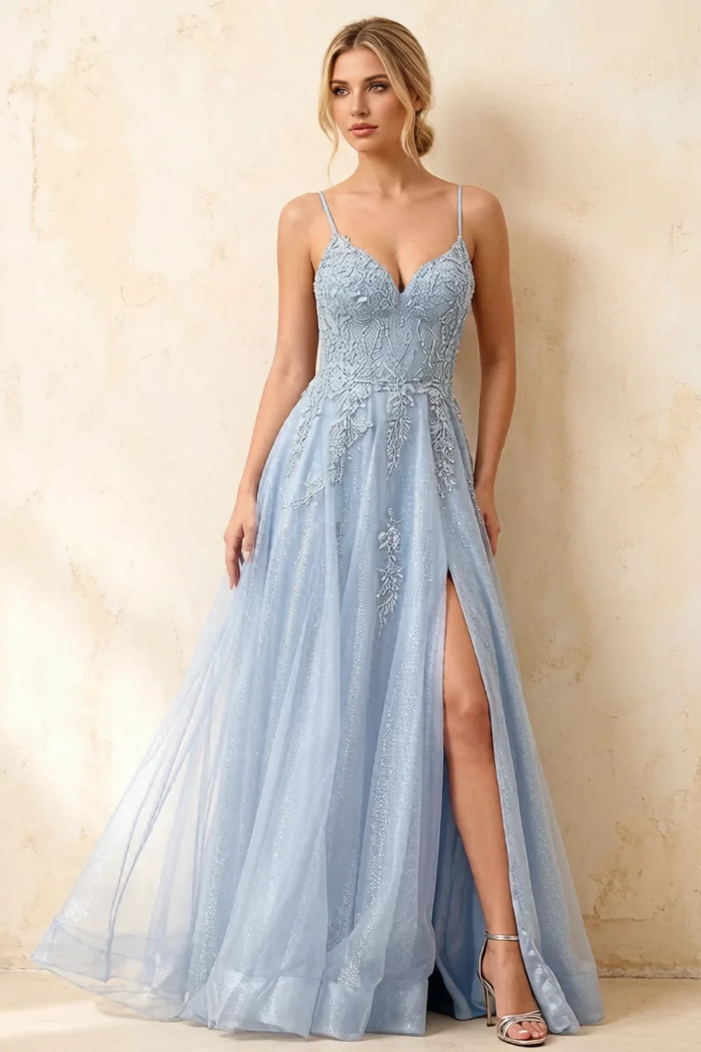Joanna Glitter Sky Blue Tulle Beaded Maxi Dress