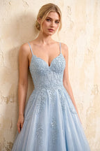 Joanna Glitter Sky Blue Tulle Beaded Maxi Dress