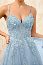 Joanna Glitter Sky Blue Tulle Beaded Maxi Dress