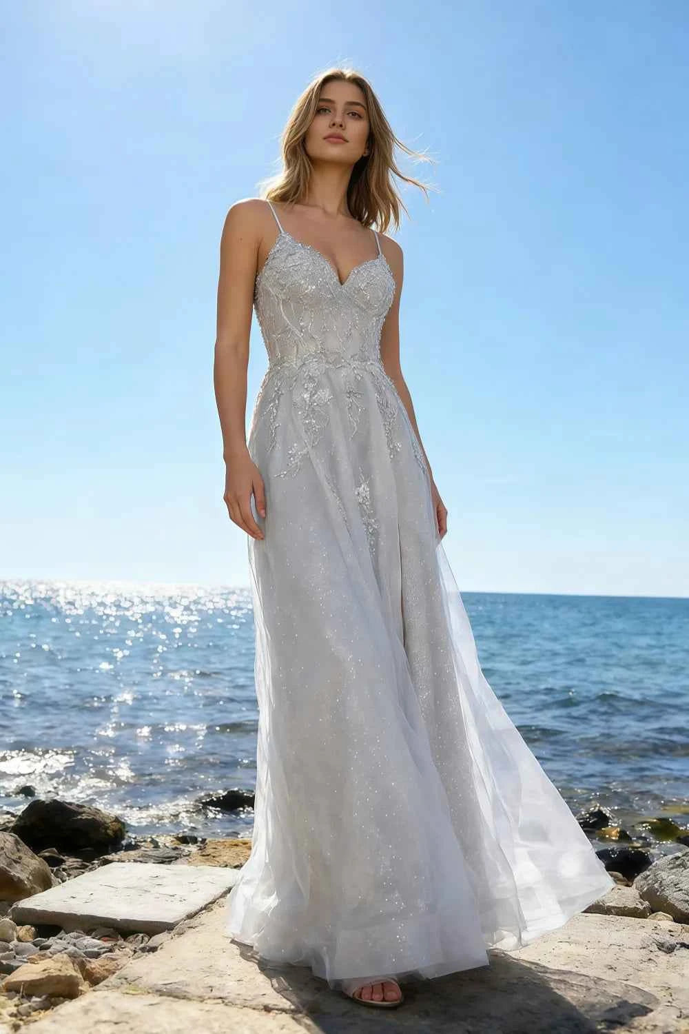 Joanna Glitter White Tulle Beaded Maxi Dress