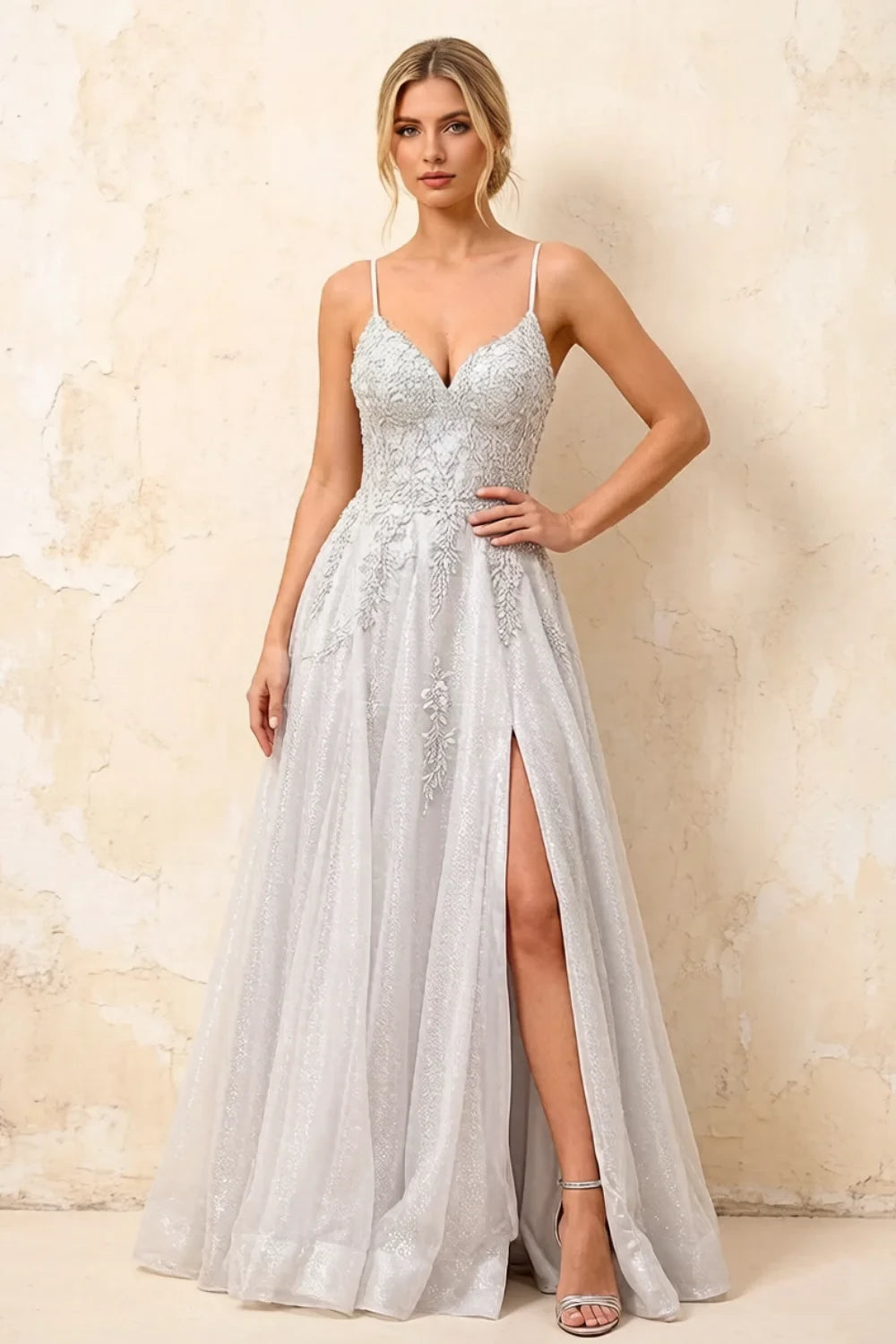 Joanna Glitter White Tulle Beaded Maxi Dress
