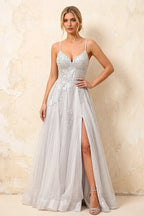 Joanna Glitter White Tulle Beaded Maxi Dress