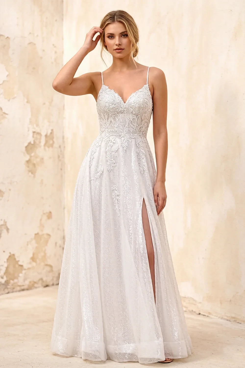 Joanna Glitter White Tulle Beaded Maxi Dress