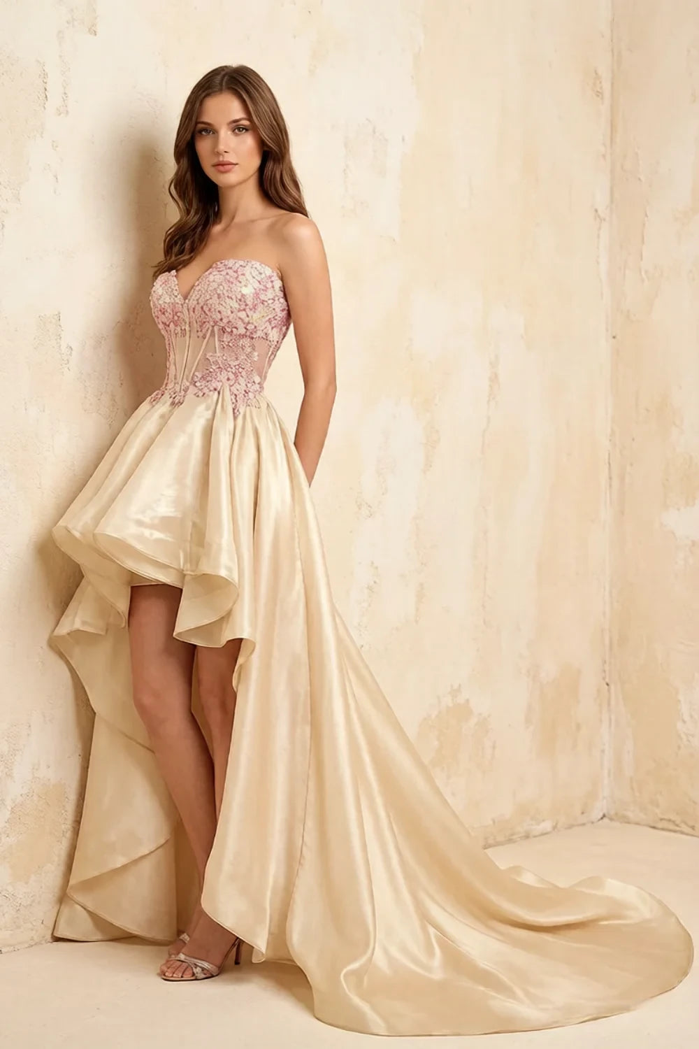 Joanne Champagne Organza High Low Maxi Dress