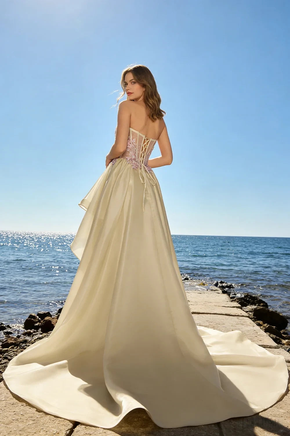 Joanne Champagne Organza High Low Maxi Dress