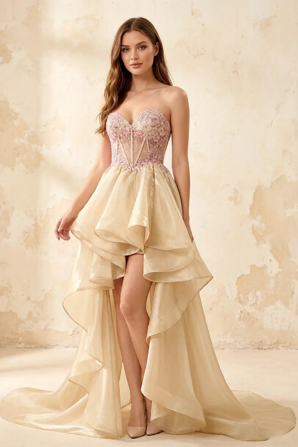 Joanne Champagne Organza High Low Maxi Dress