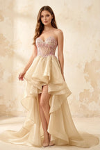 Joanne Champagne Organza High Low Maxi Dress
