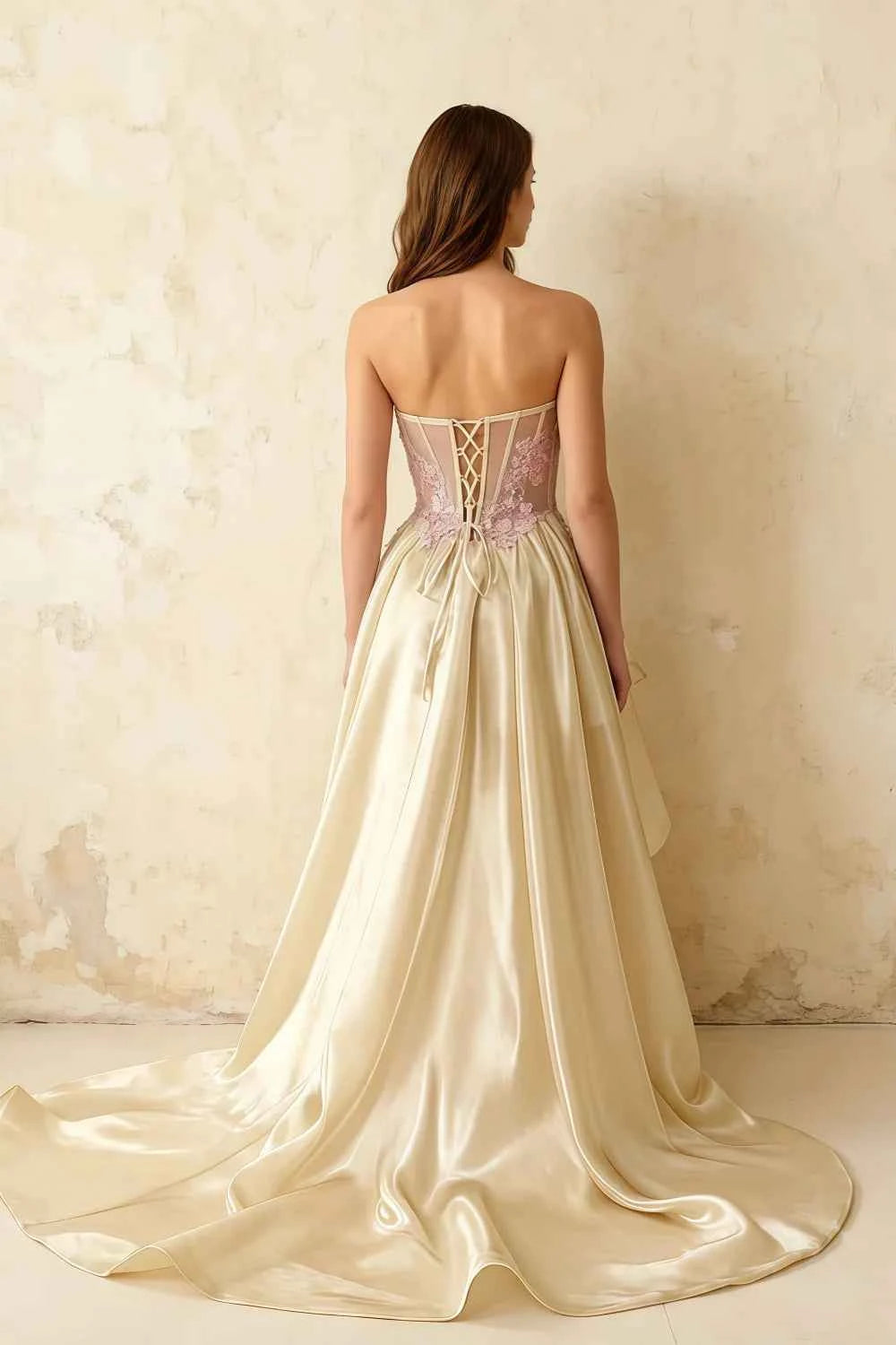 Joanne Champagne Organza High Low Maxi Dress