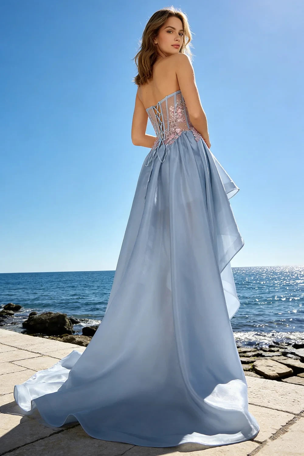 Joanne Light Blue Organza High Low Maxi Dress