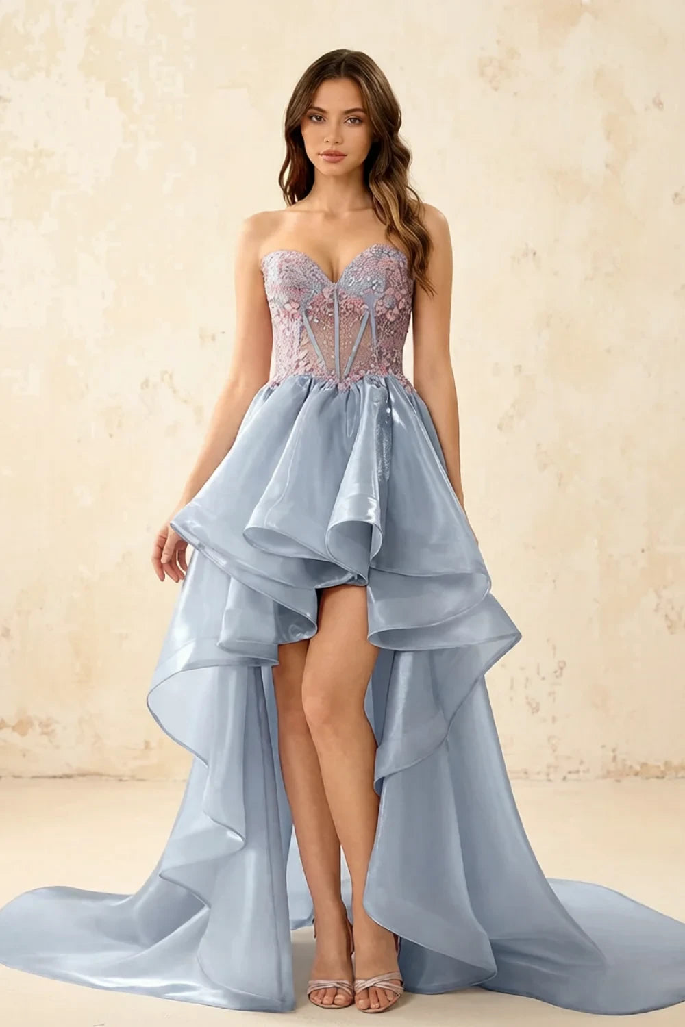 Joanne Light Blue Organza High Low Maxi Dress