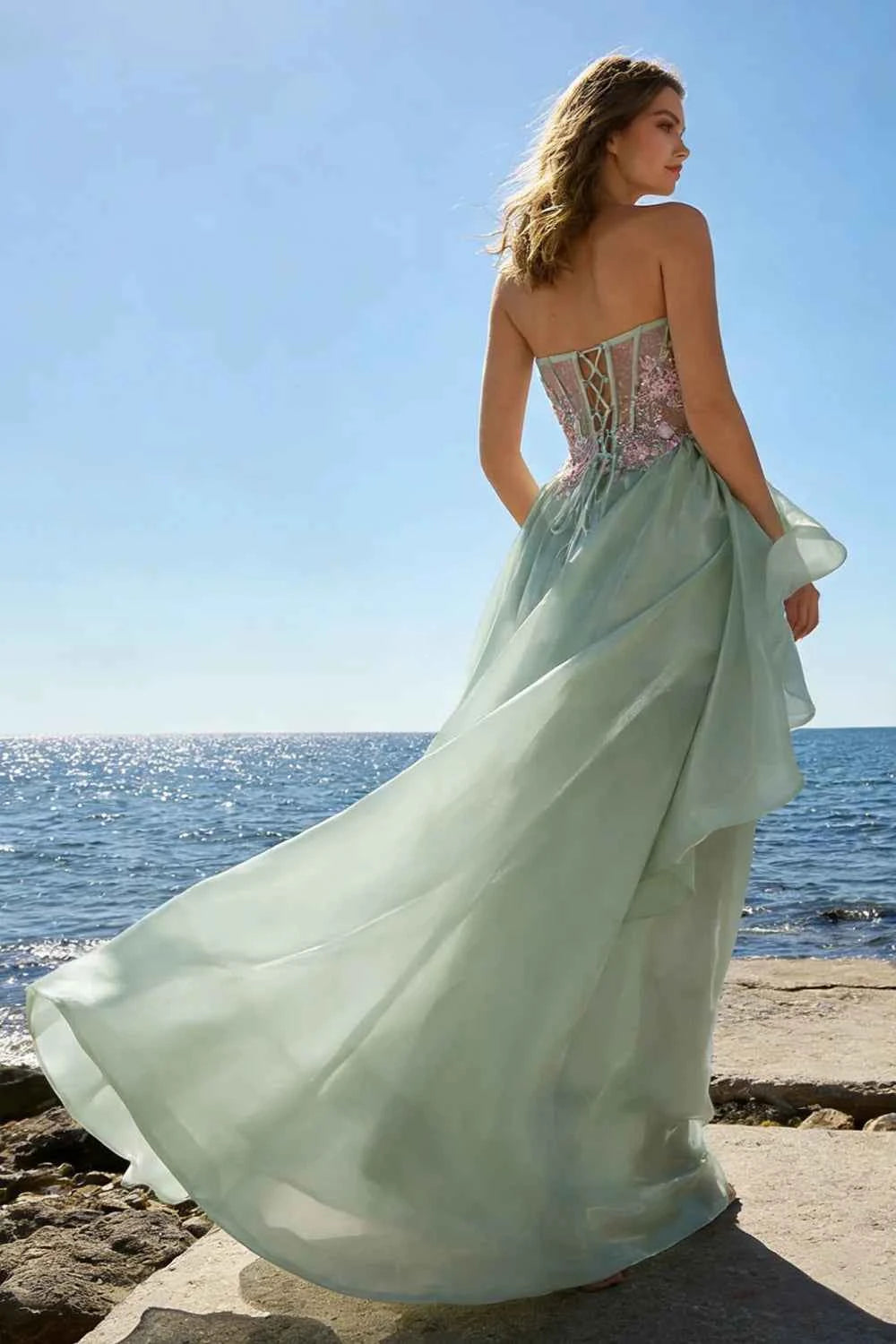 Joanne Light Green Organza High Low Maxi Dress