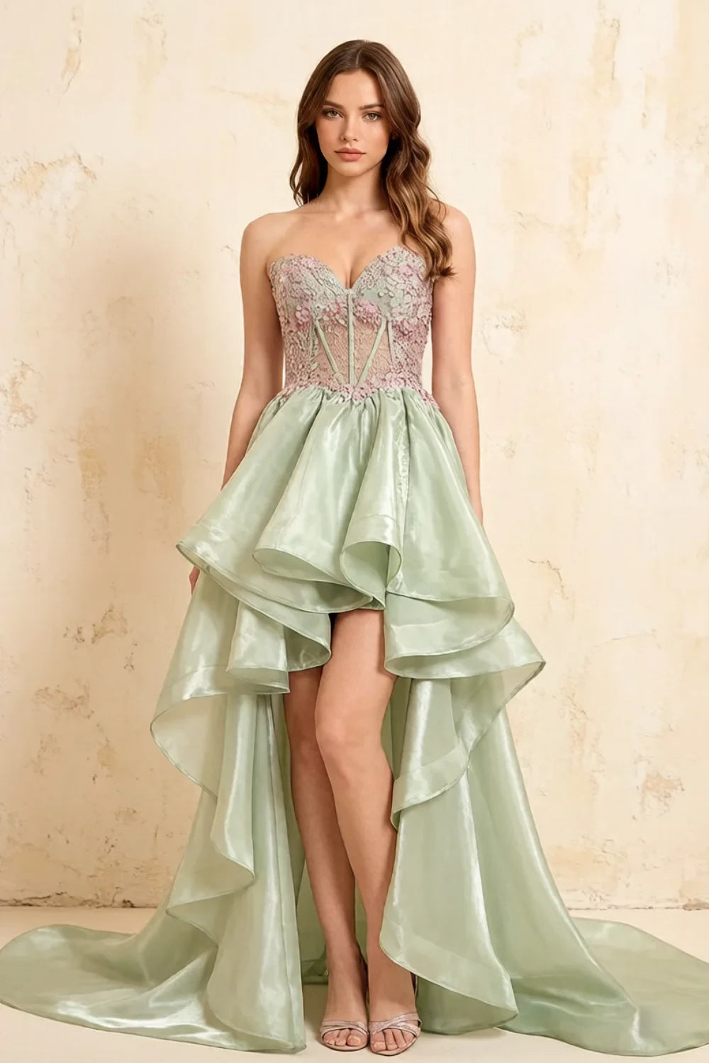 Joanne Light Green Organza High Low Maxi Dress
