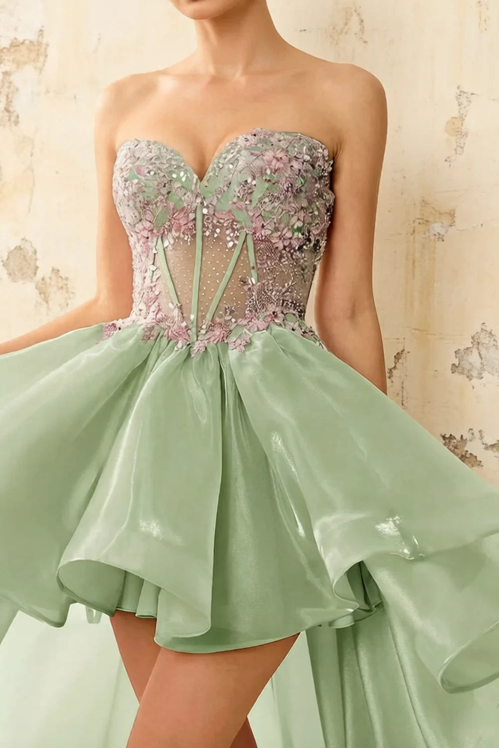 Joanne Light Green Organza High Low Maxi Dress