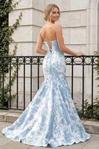 Jocelyn Blue Jacquard Strapless Mermaid Maxi Dress