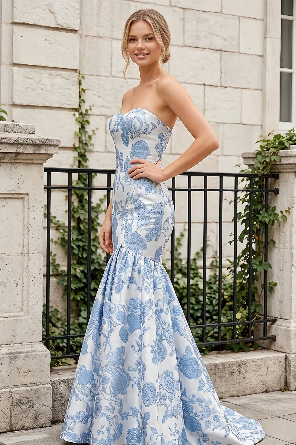 Jocelyn Blue Jacquard Strapless Mermaid Maxi Dress