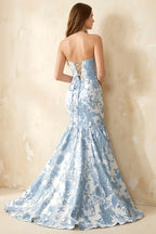 Jocelyn Blue Jacquard Strapless Mermaid Maxi Dress
