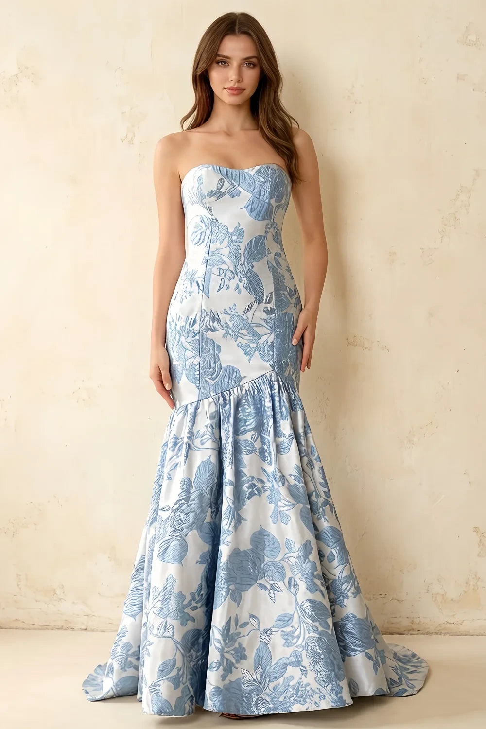 Jocelyn Blue Jacquard Strapless Mermaid Maxi Dress