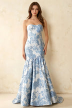 Jocelyn Blue Jacquard Strapless Mermaid Maxi Dress