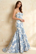 Jocelyn Blue Jacquard Strapless Mermaid Maxi Dress