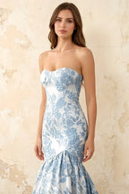 Jocelyn Blue Jacquard Strapless Mermaid Maxi Dress