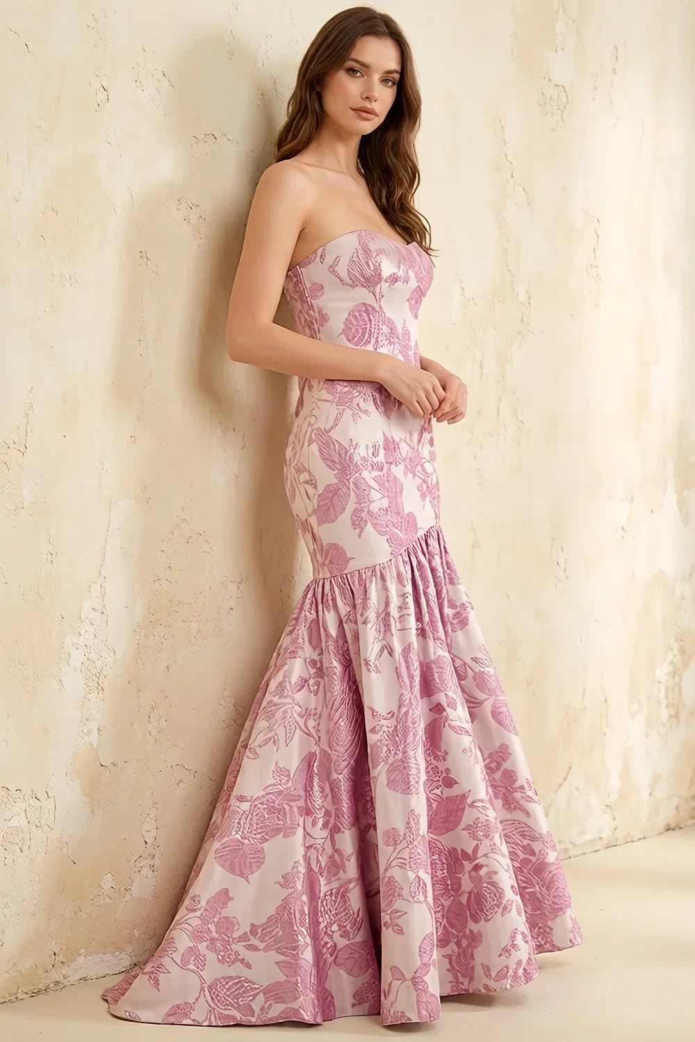 Jocelyn Pink Jacquard Strapless Mermaid Maxi Dress