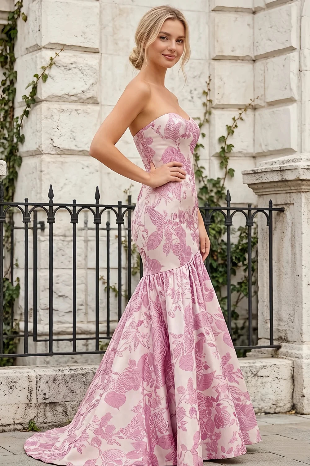 Jocelyn Pink Jacquard Strapless Mermaid Maxi Dress