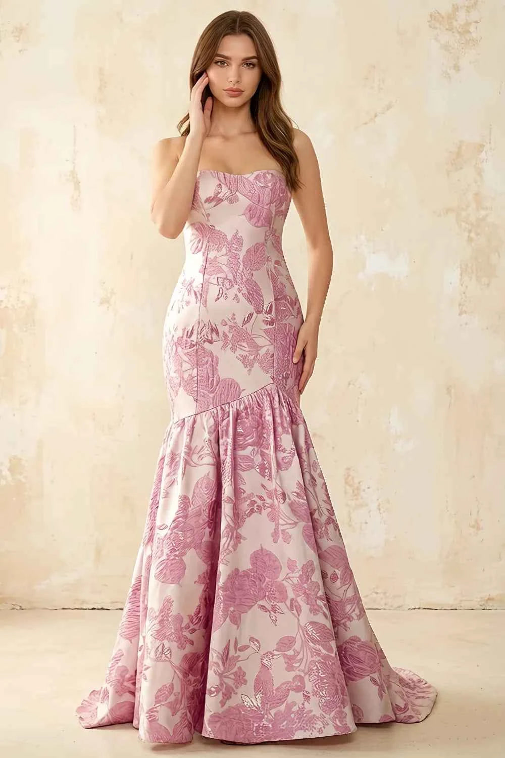 Jocelyn Pink Jacquard Strapless Mermaid Maxi Dress