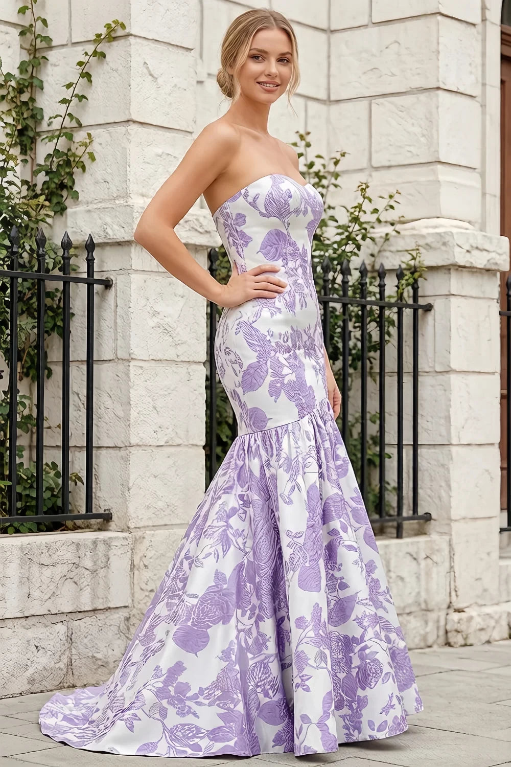 Jocelyn Purple Jacquard Strapless Mermaid Maxi Dress