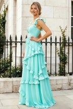 Johanna Aqua Chiffon Cutout Ruffles Maxi Dress