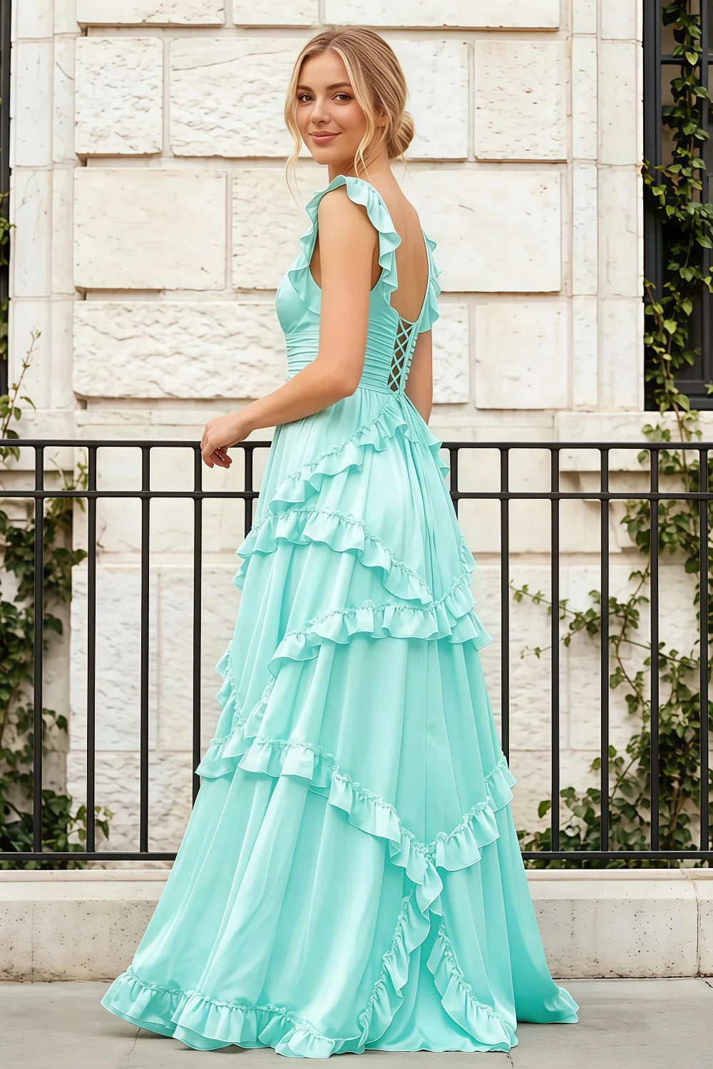 Johanna Aqua Chiffon Cutout Ruffles Maxi Dress