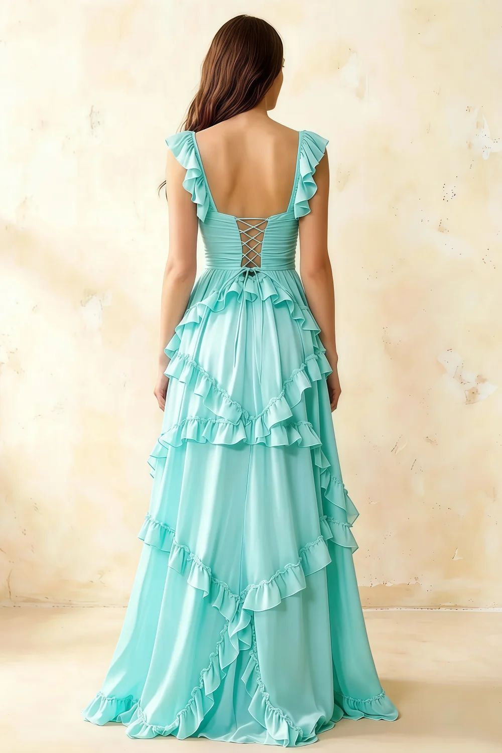 Johanna Aqua Chiffon Cutout Ruffles Maxi Dress